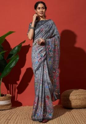 Grey Printed Cotton Saree Set