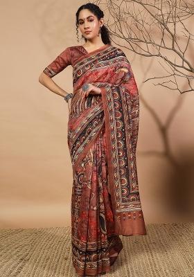 Brown Printed Cotton Saree Set