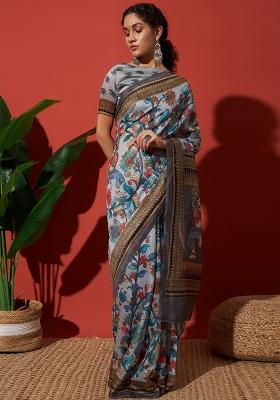 Grey Printed Cotton Saree Set