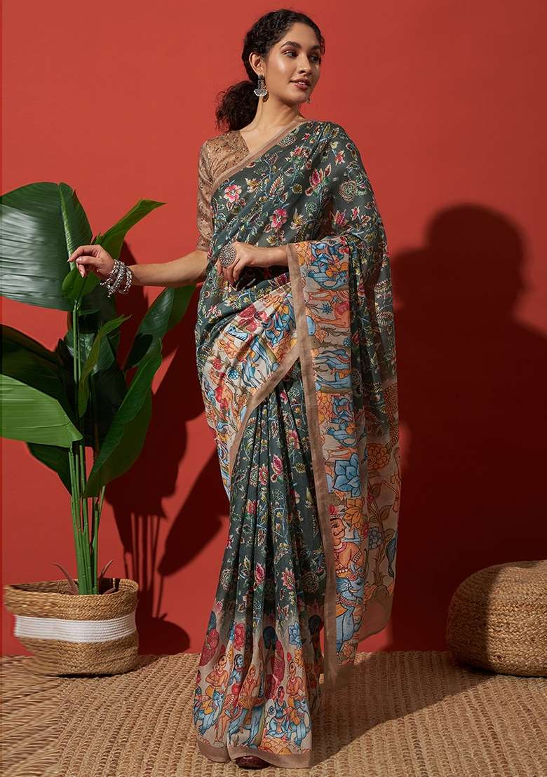 Green Printed Cotton Saree Set - Indya