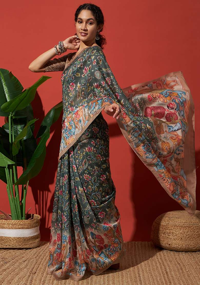 Green Printed Cotton Saree Set - Indya