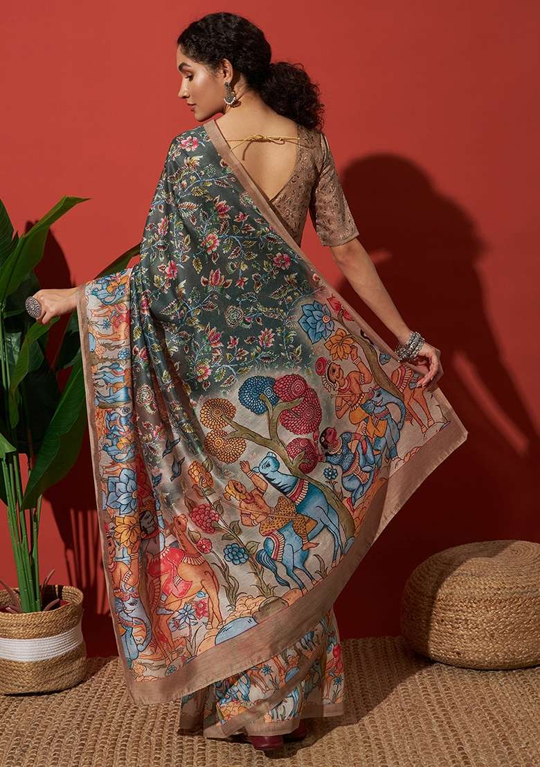 Green Printed Cotton Saree Set - Indya