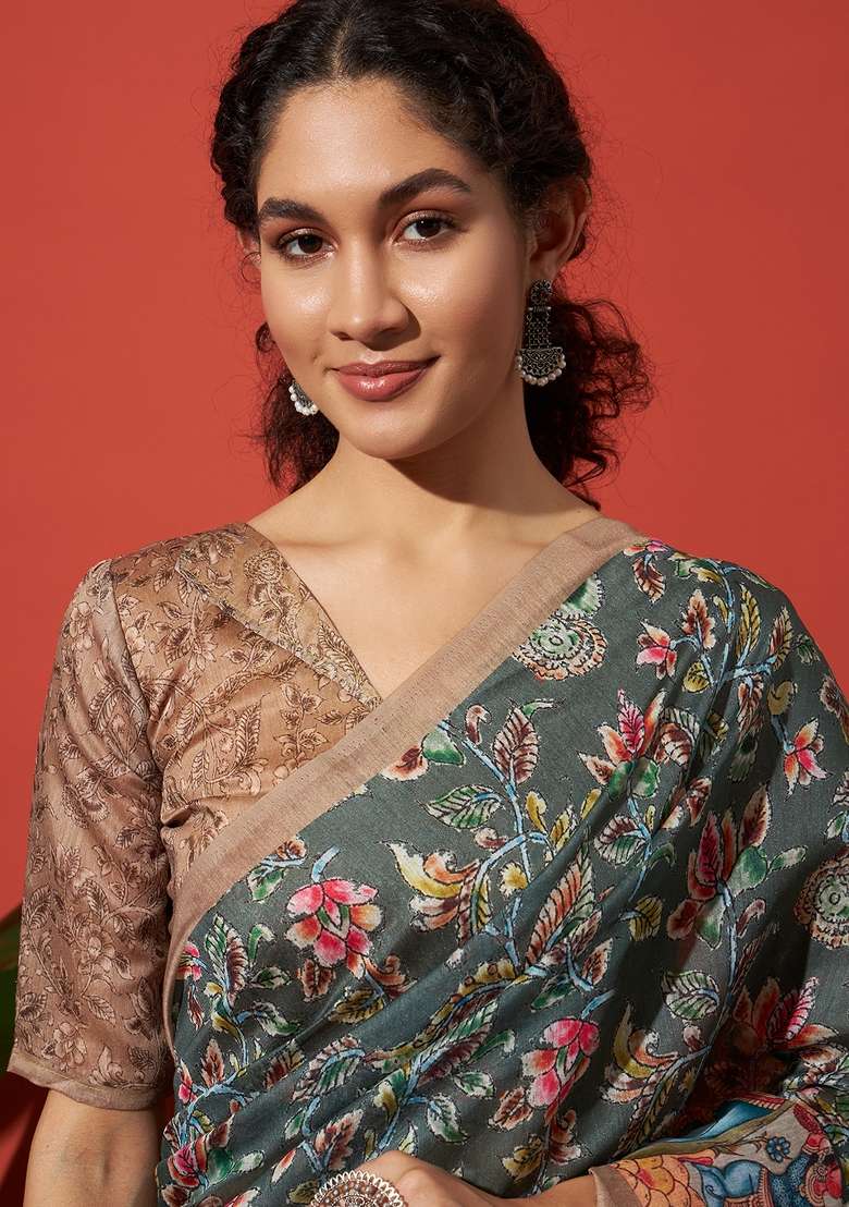 Green Printed Cotton Saree Set - Indya