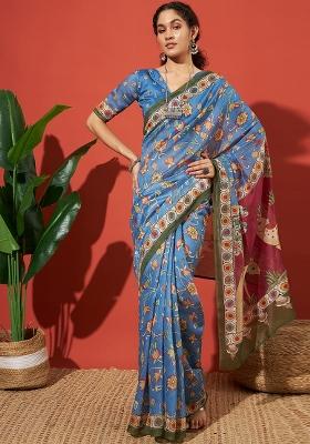 Blue Printed Cotton Saree Set