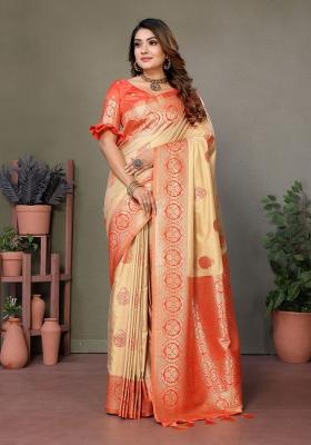 Orange Embroidered Silk Saree Set