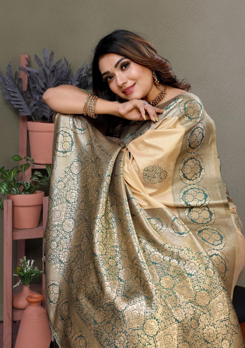 Green Embroidered Silk Saree Set - Indya
