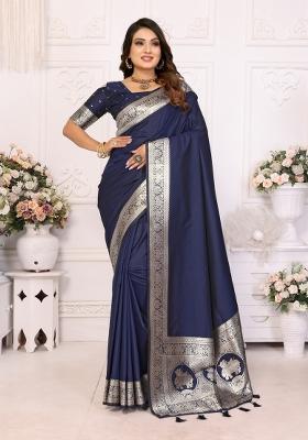 Blue Embroidered Silk Saree Set