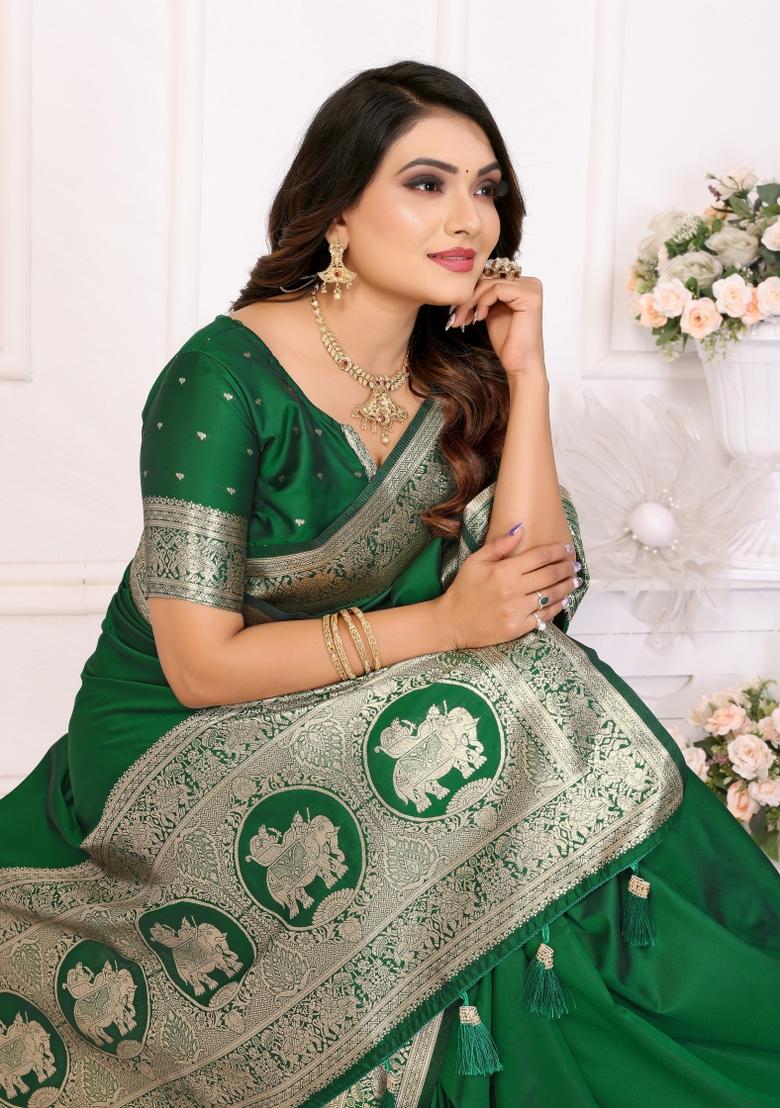 Green Embroidered Silk Saree Set - Indya