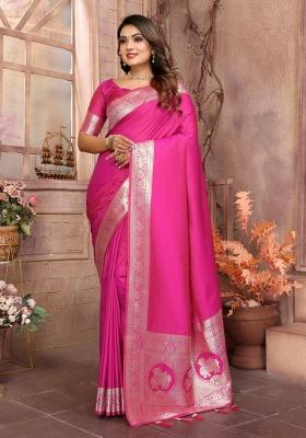 Pink Embroidered Silk Saree Set