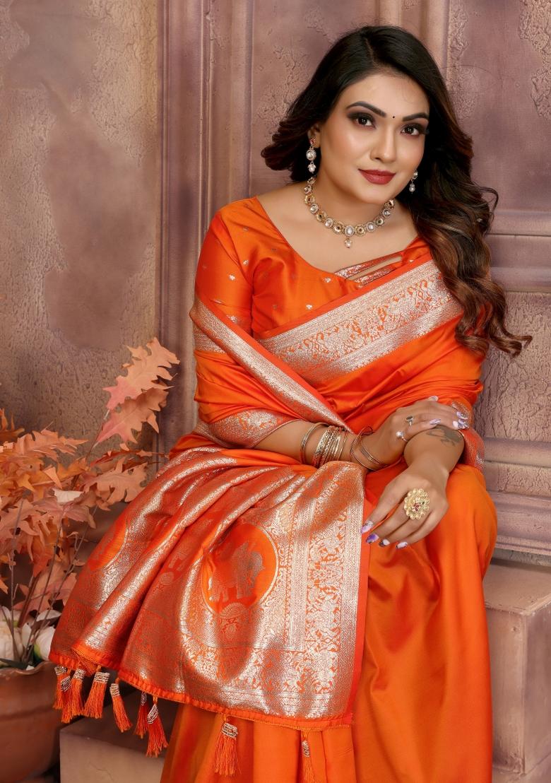Orange Embroidered Silk Saree Set - Indya