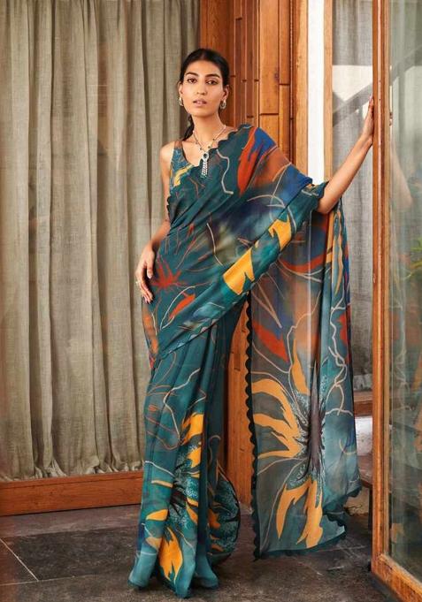 Green Printed Silk Saree Set