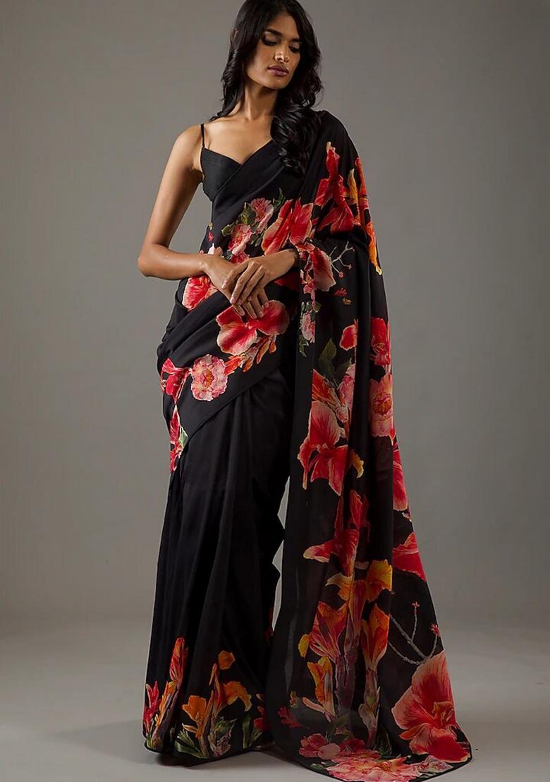 Black Printed Silk Saree Set - Indya