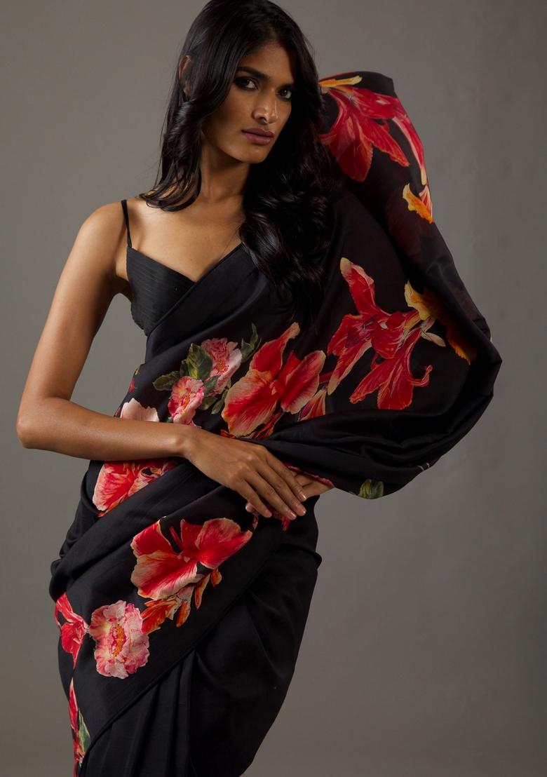 Black Printed Silk Saree Set - Indya