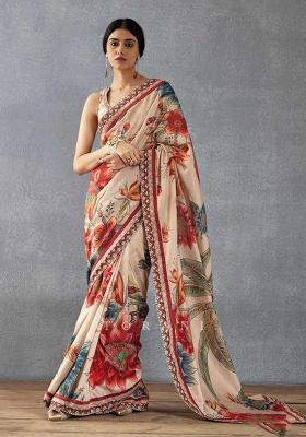 Beige Printed Silk Saree Set