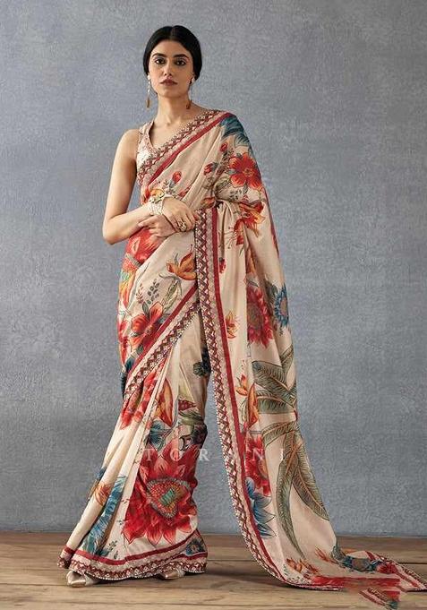 Beige Printed Silk Saree Set