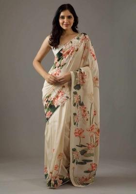 Beige Printed Silk Saree Set