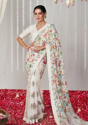 Beige Printed Silk Saree Set