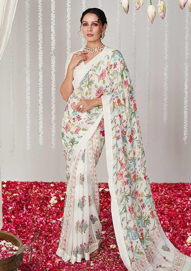 Beige Printed Silk Saree Set - Indya