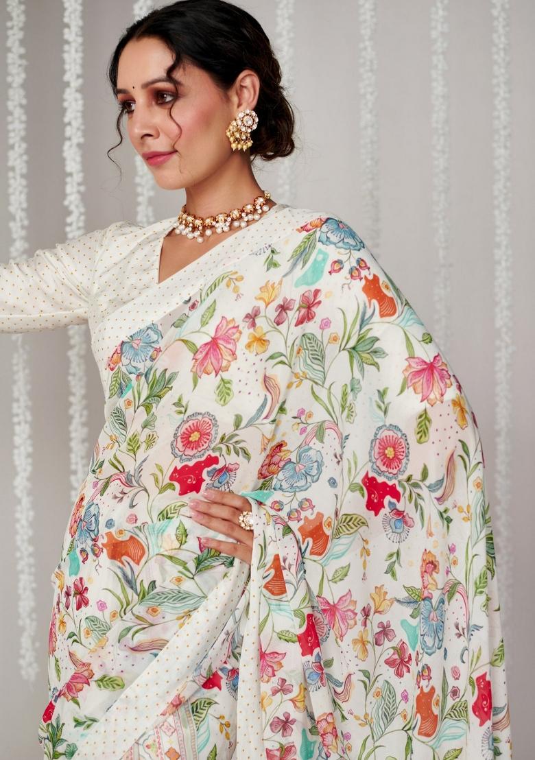 Beige Printed Silk Saree Set - Indya