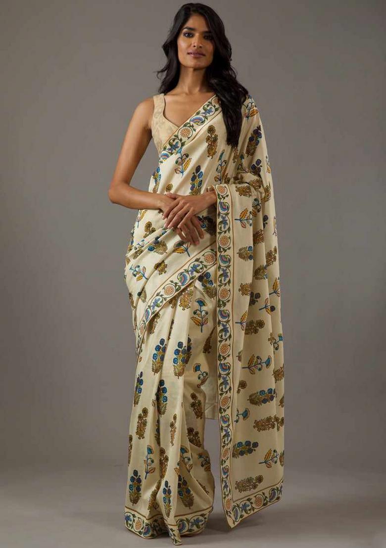 Beige Printed Silk Saree Set - Indya
