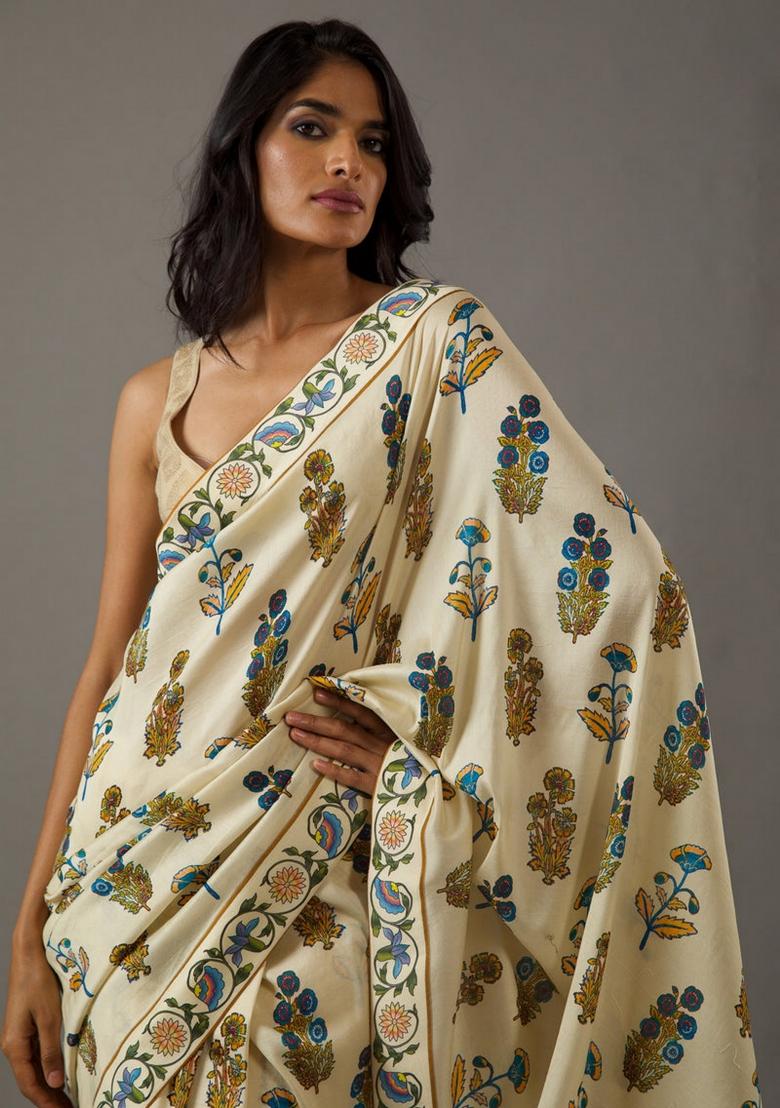 Beige Printed Silk Saree Set - Indya