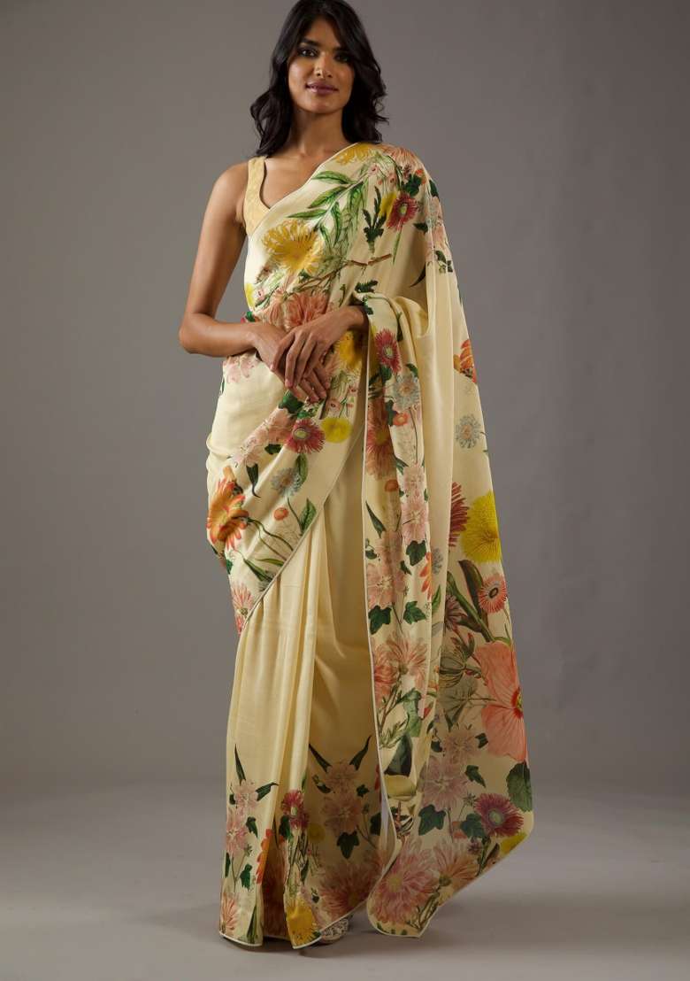Yellow Silk Saree Set with Printed for Diwali | Wedding & Festive Wear - Indya