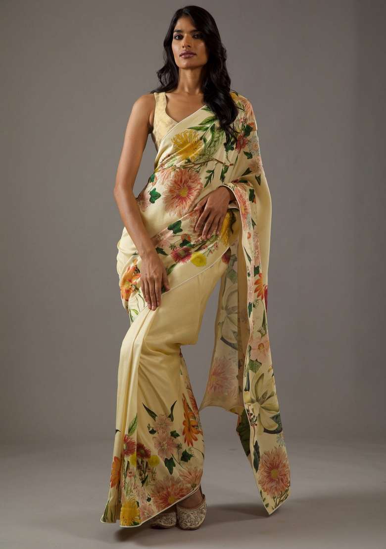 Yellow Silk Saree Set with Printed for Diwali | Wedding & Festive Wear - Indya