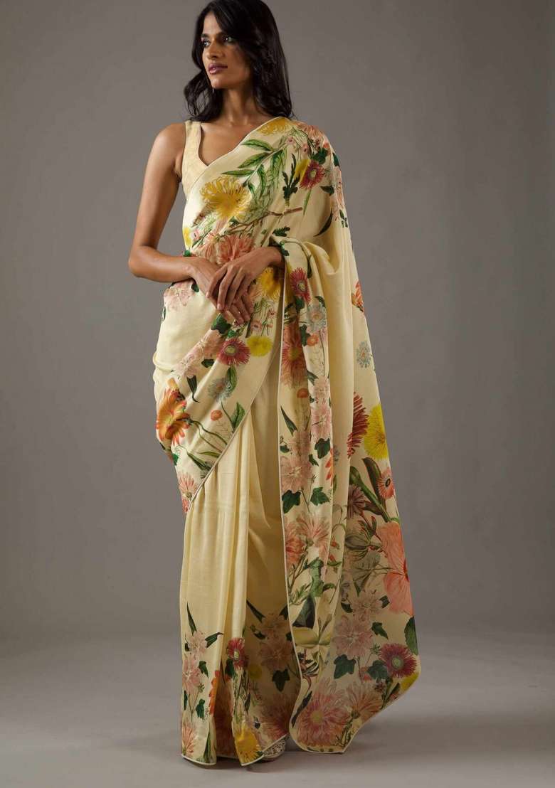 Yellow Silk Saree Set with Printed for Diwali | Wedding & Festive Wear - Indya