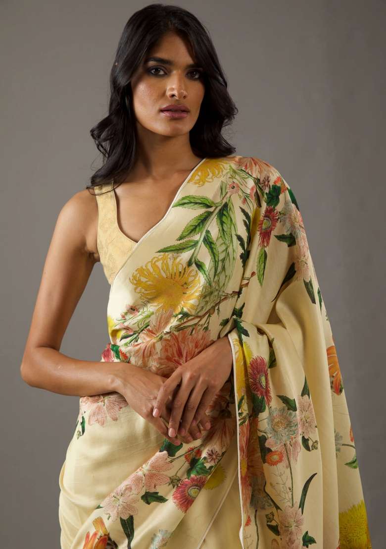 Yellow Silk Saree Set with Printed for Diwali | Wedding & Festive Wear - Indya