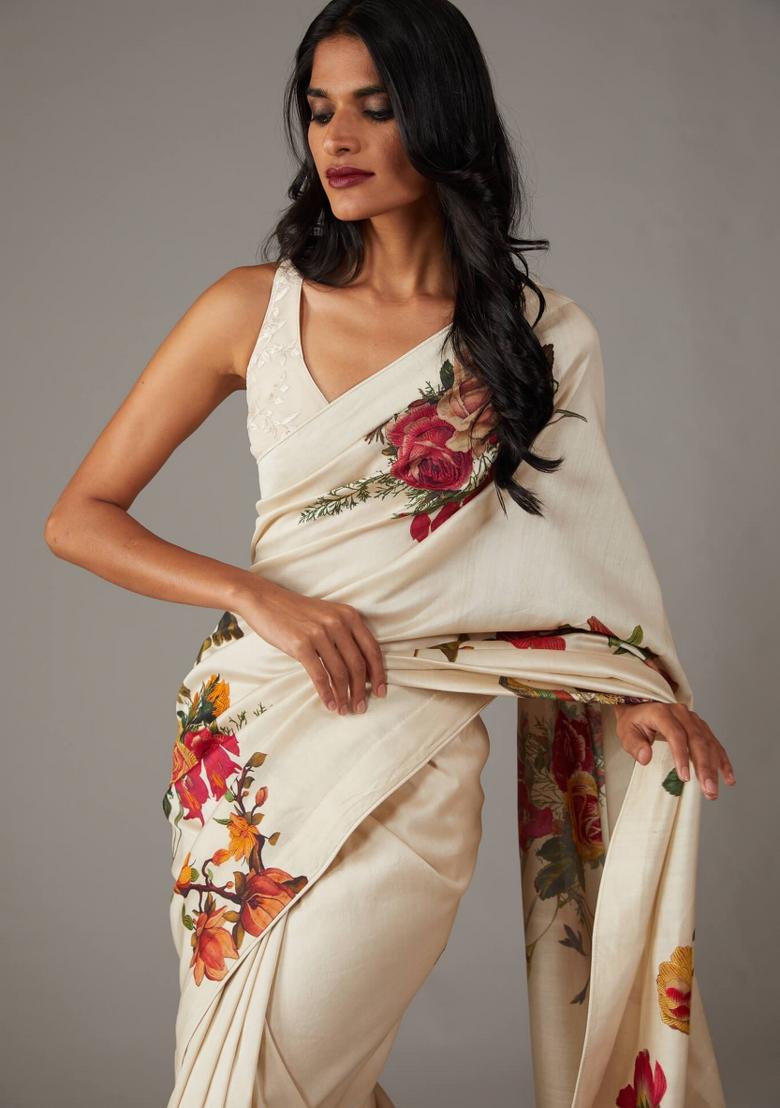 Beige Printed Silk Saree Set - Indya