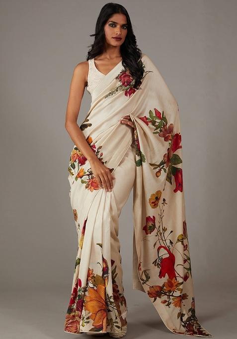 Beige Printed Silk Saree Set