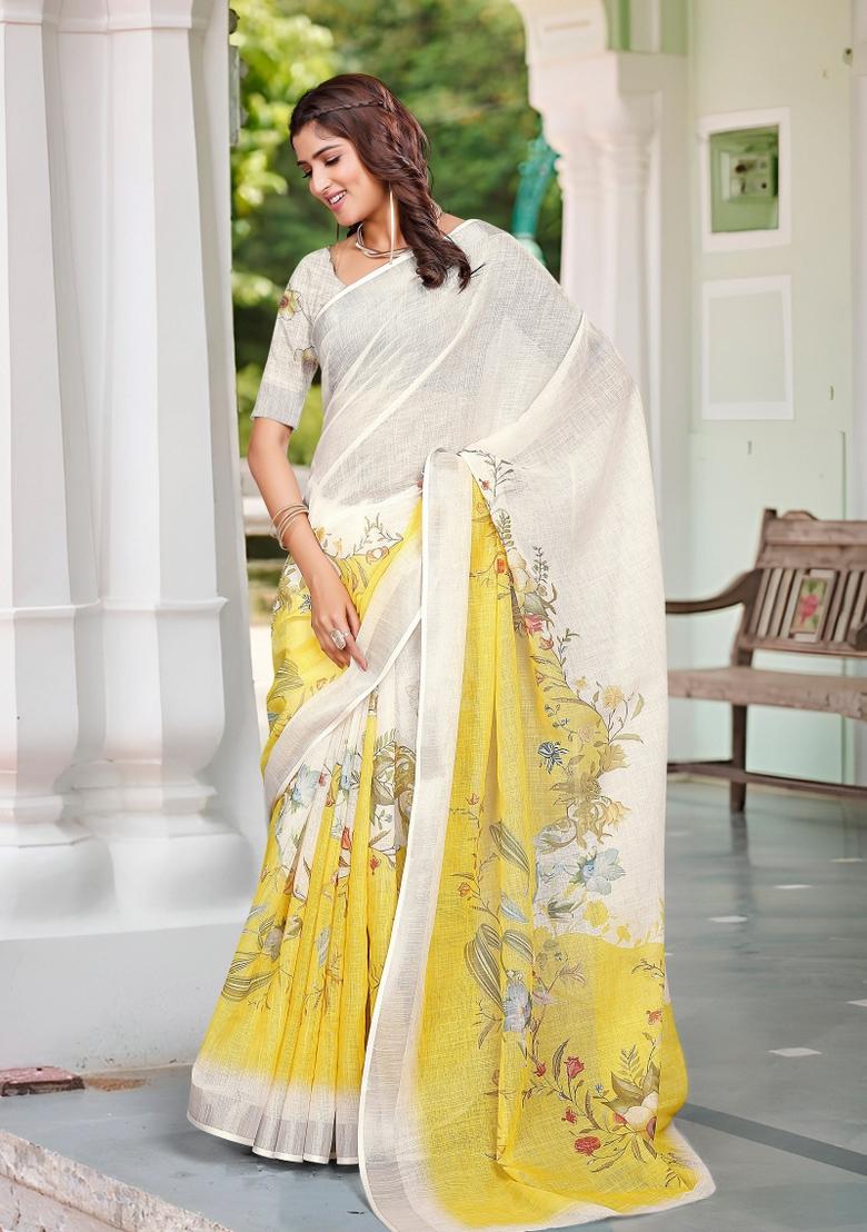 Beige Embroidered Cotton Saree Set - Indya