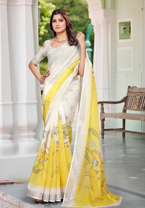Beige Embroidered Cotton Saree Set