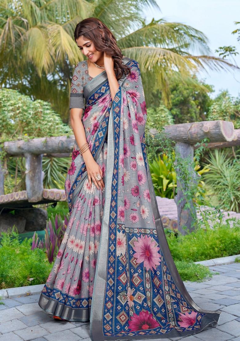 Grey Embroidered Cotton Saree Set - Indya