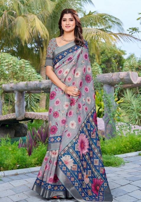Grey Embroidered Cotton Saree Set