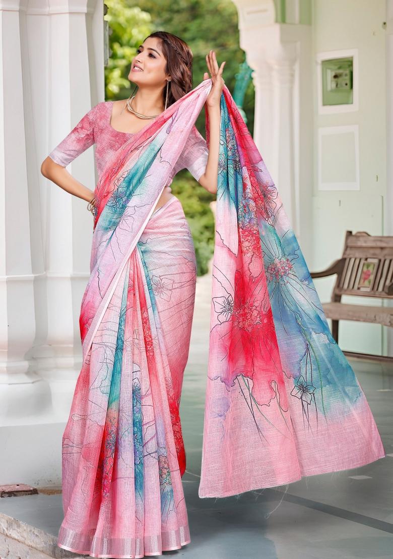 Multi Embroidered Cotton Saree Set - Indya