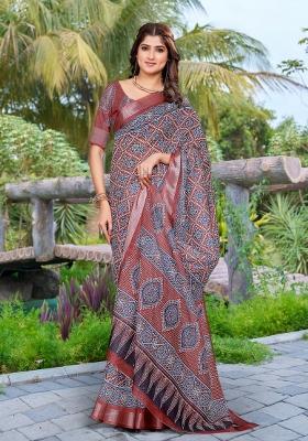 Brown Embroidered Cotton Saree Set