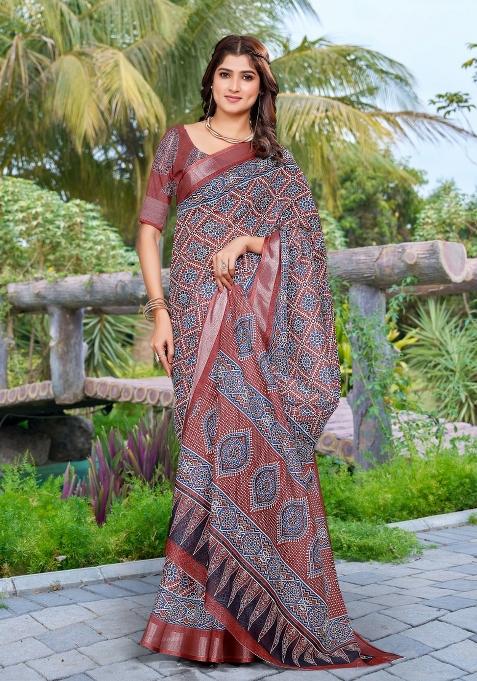 Brown Embroidered Cotton Saree Set