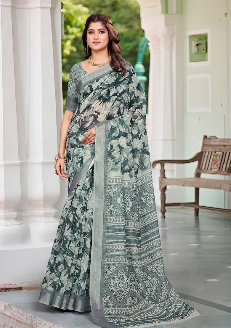 Green Embroidered Cotton Saree Set - Indya