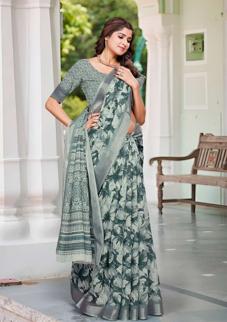 Green Embroidered Cotton Saree Set - Indya