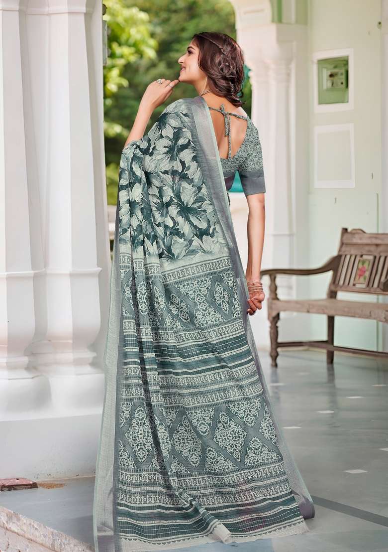 Green Embroidered Cotton Saree Set - Indya