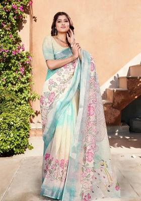 Beige Embroidered Cotton Saree Set