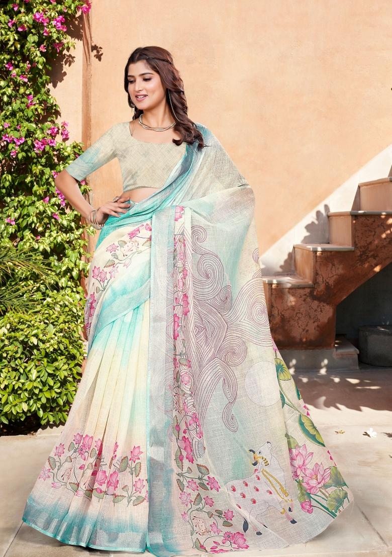 Beige Embroidered Cotton Saree Set - Indya