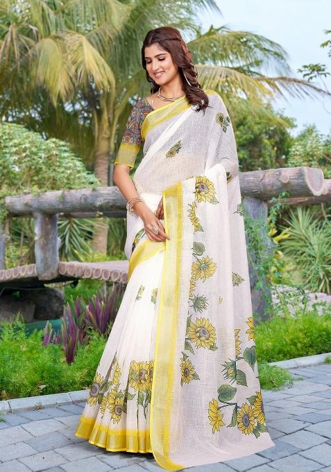 Yellow Embroidered Cotton Saree Set
