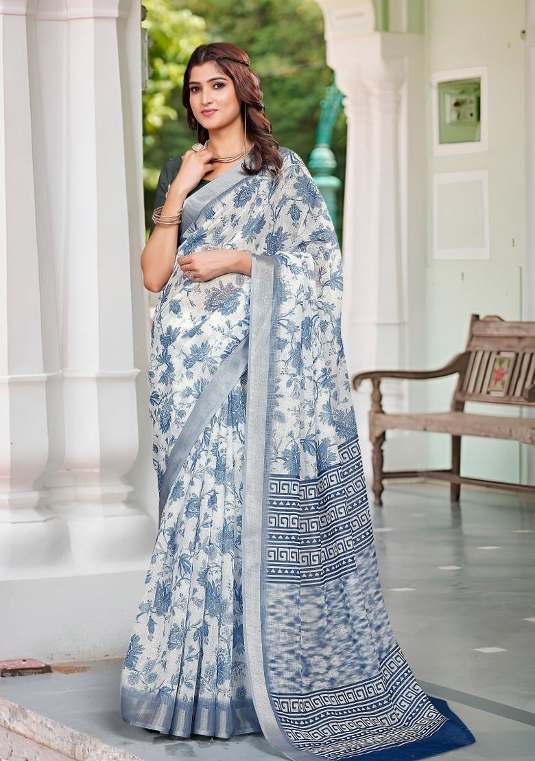 Blue Embroidered Cotton Saree Set - Indya