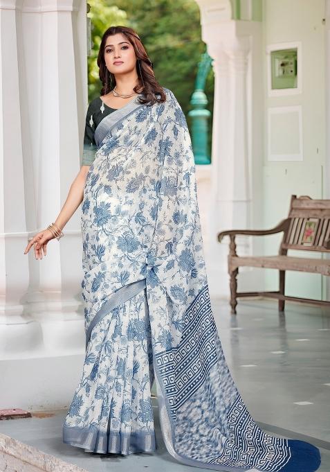Blue Embroidered Cotton Saree Set