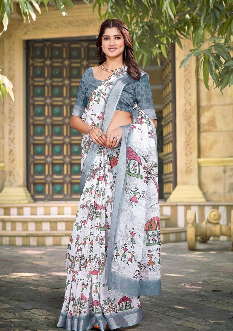 Beige Embroidered Cotton Saree Set - Indya