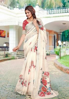 Beige Embroidered Cotton Saree Set