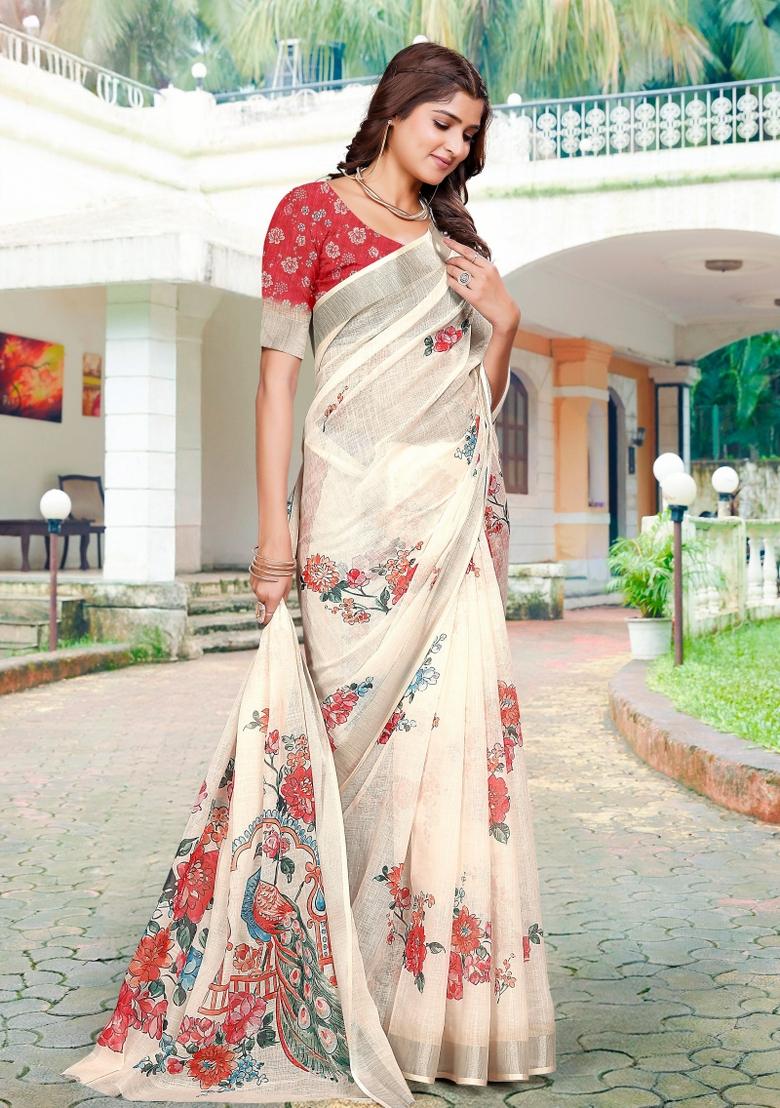Beige Embroidered Cotton Saree Set - Indya