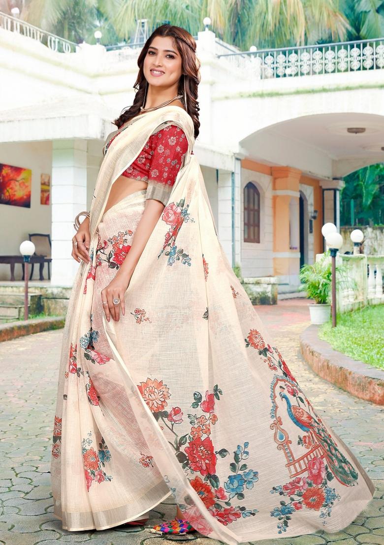 Beige Embroidered Cotton Saree Set - Indya